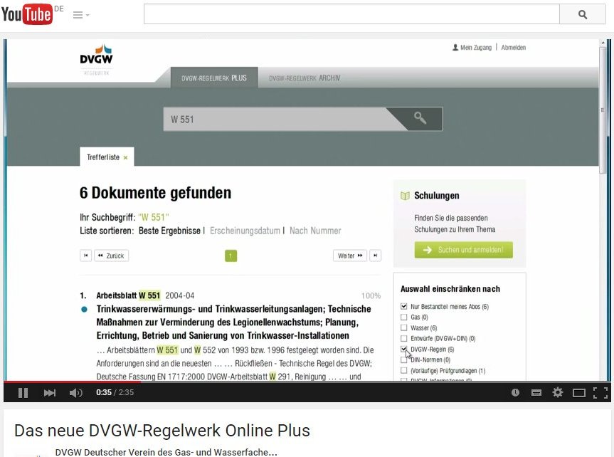 Einen guten Eindruck von der Bedienung und Leistungsfähigkeit des DVGW-Regelwerks gibt dieses Video auf YouTube